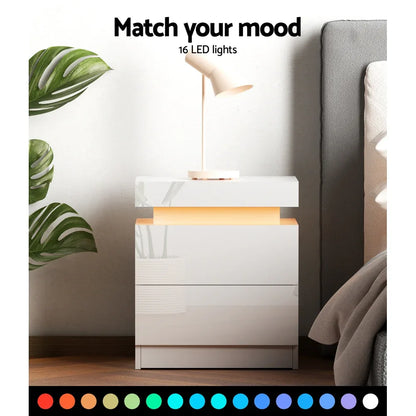 Artiss Bedside Table LED 2 Drawers Lift-up Storage - COLEY White - Mekamart Australia