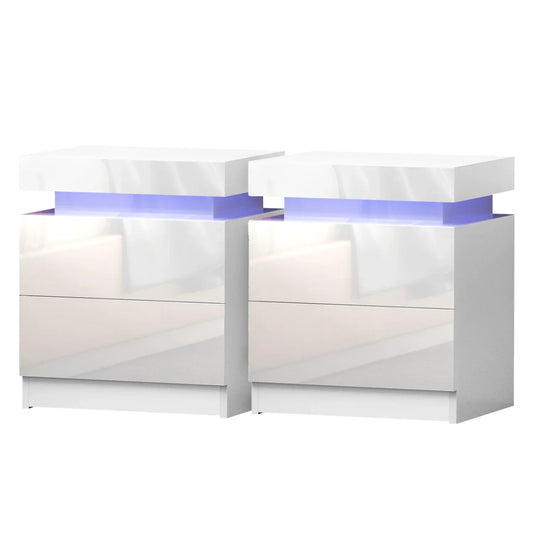 Artiss 2X Bedside Table LED 2 Drawers Lift-up Storage - COLEY White - Mekamart Australia