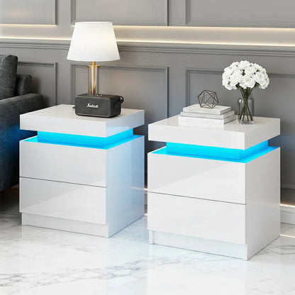 Artiss 2X Bedside Table LED 2 Drawers Lift-up Storage - COLEY White - Mekamart Australia