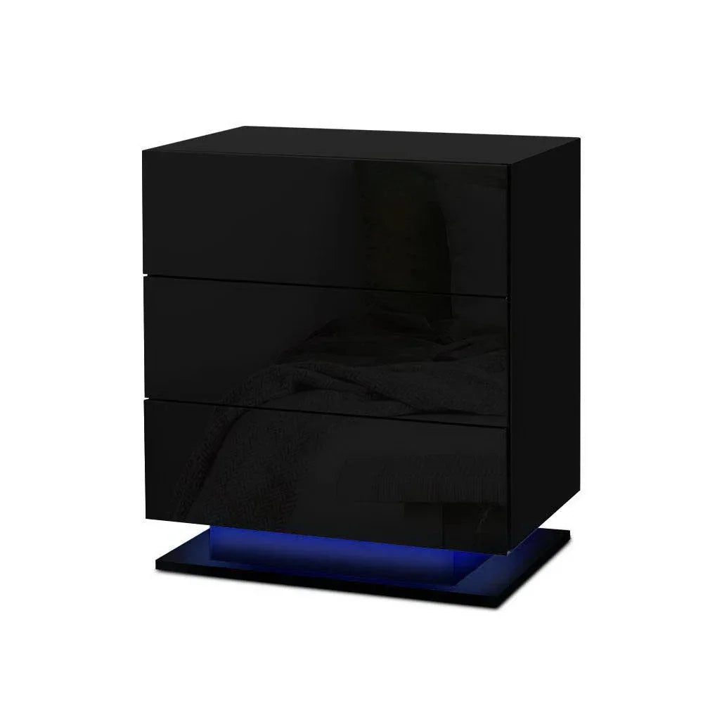 Artiss 2x Bedside Table LED 3 Drawers - MORI Black - Mekamart Australia