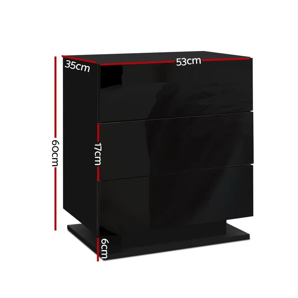 Artiss 2x Bedside Table LED 3 Drawers - MORI Black - Mekamart Australia