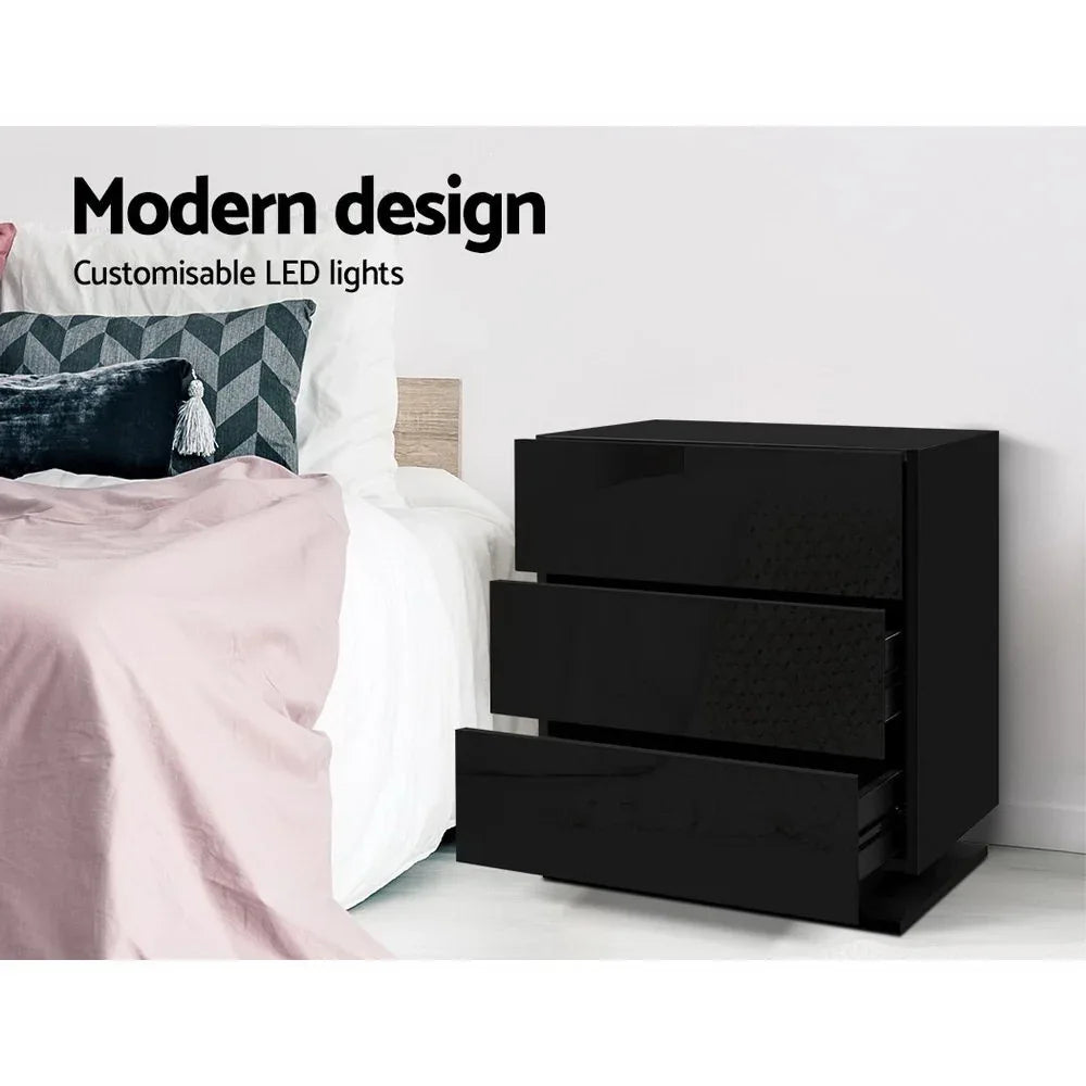 Artiss 2x Bedside Table LED 3 Drawers - MORI Black - Mekamart Australia
