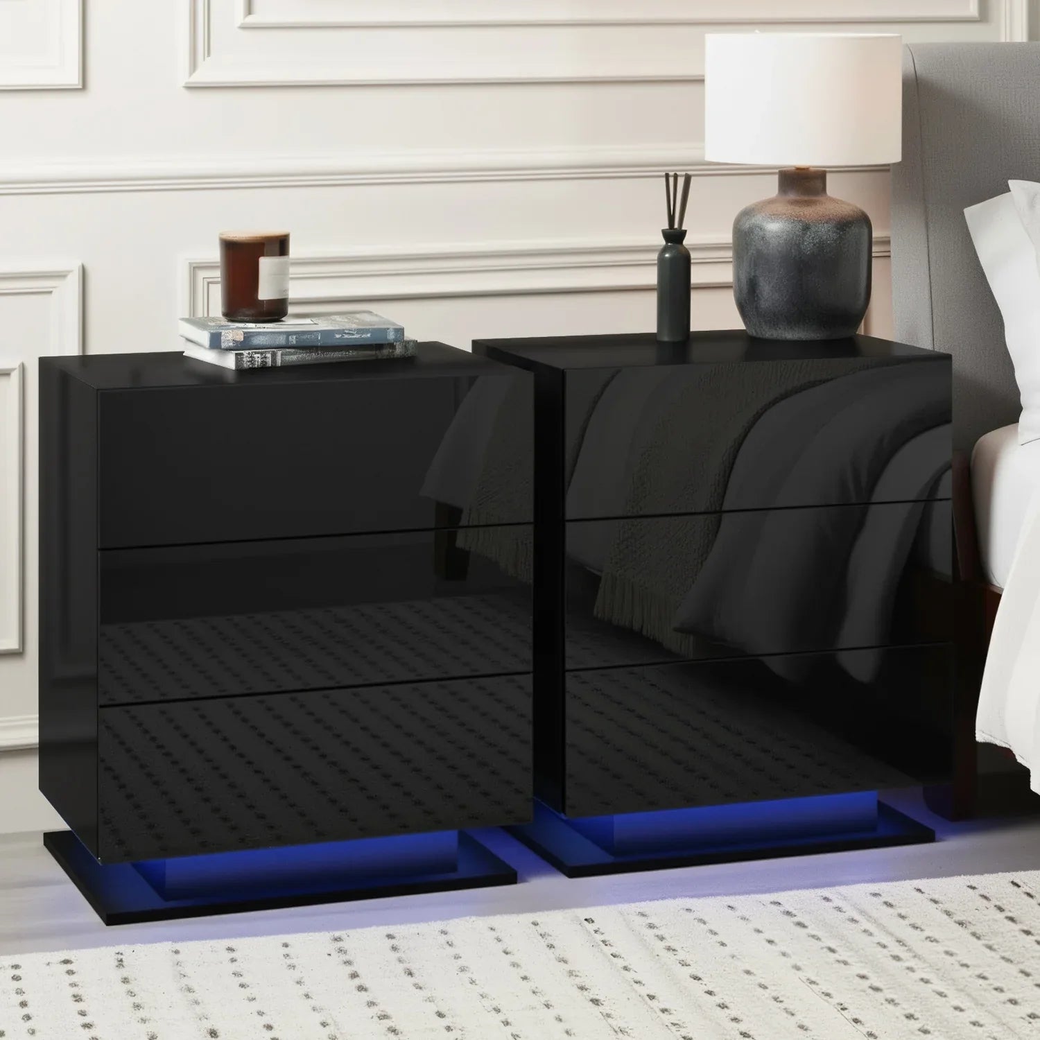 Artiss 2x Bedside Table LED 3 Drawers - MORI Black - Mekamart Australia
