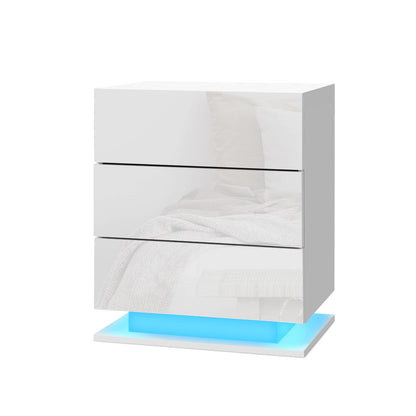 Artiss Bedside Table LED 3 Drawers - MORI White