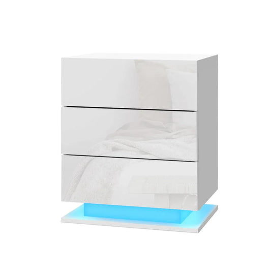 Artiss Bedside Table LED 3 Drawers - MORI White