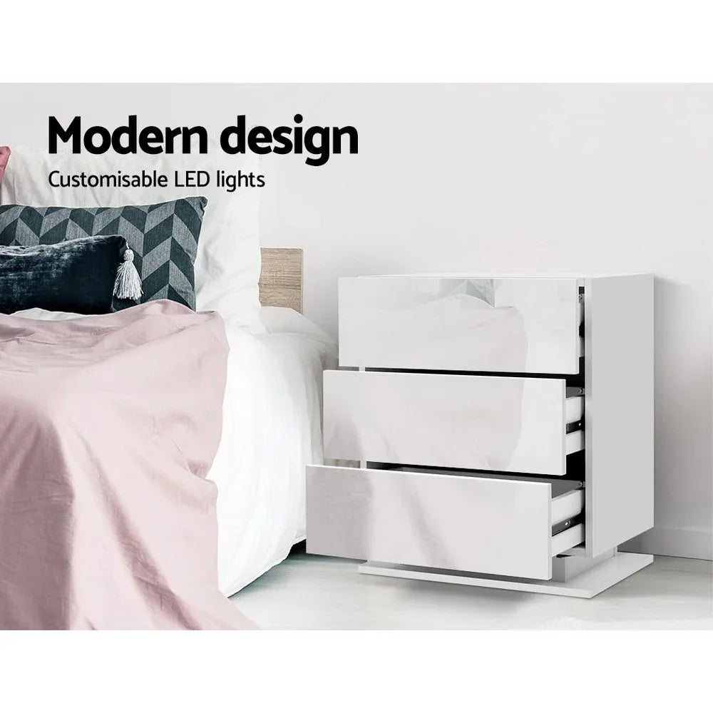Artiss 2x Bedside Table LED 3 Drawers - MORI White - Mekamart Australia