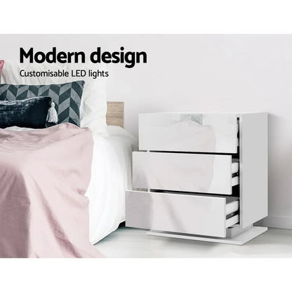Artiss 2x Bedside Table LED 3 Drawers - MORI White - Mekamart Australia