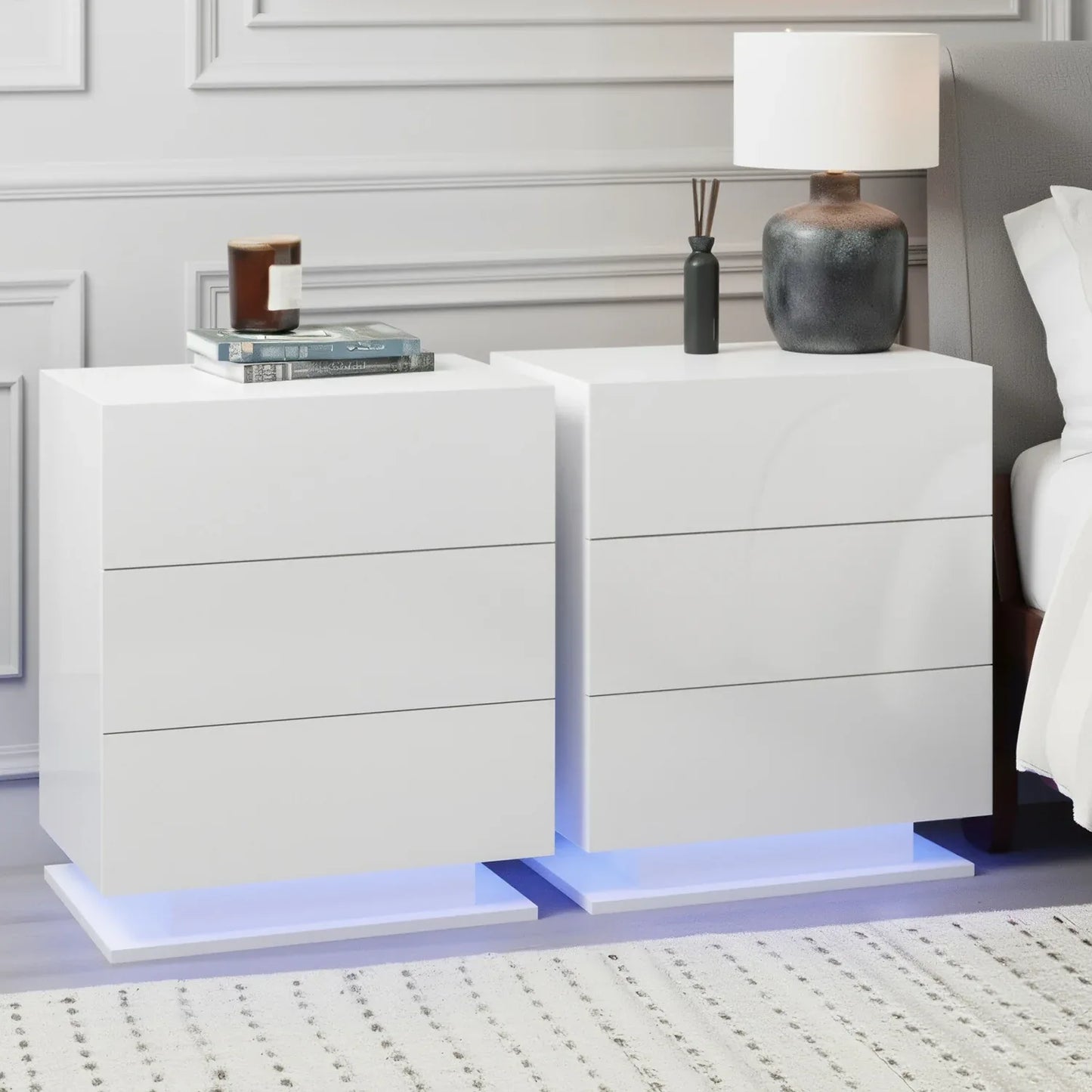 Artiss 2x Bedside Table LED 3 Drawers - MORI White - Mekamart Australia
