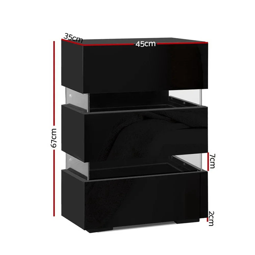 Artiss 2x Bedside Table LED 3 Drawers - LUMI Black - Mekamart Australia