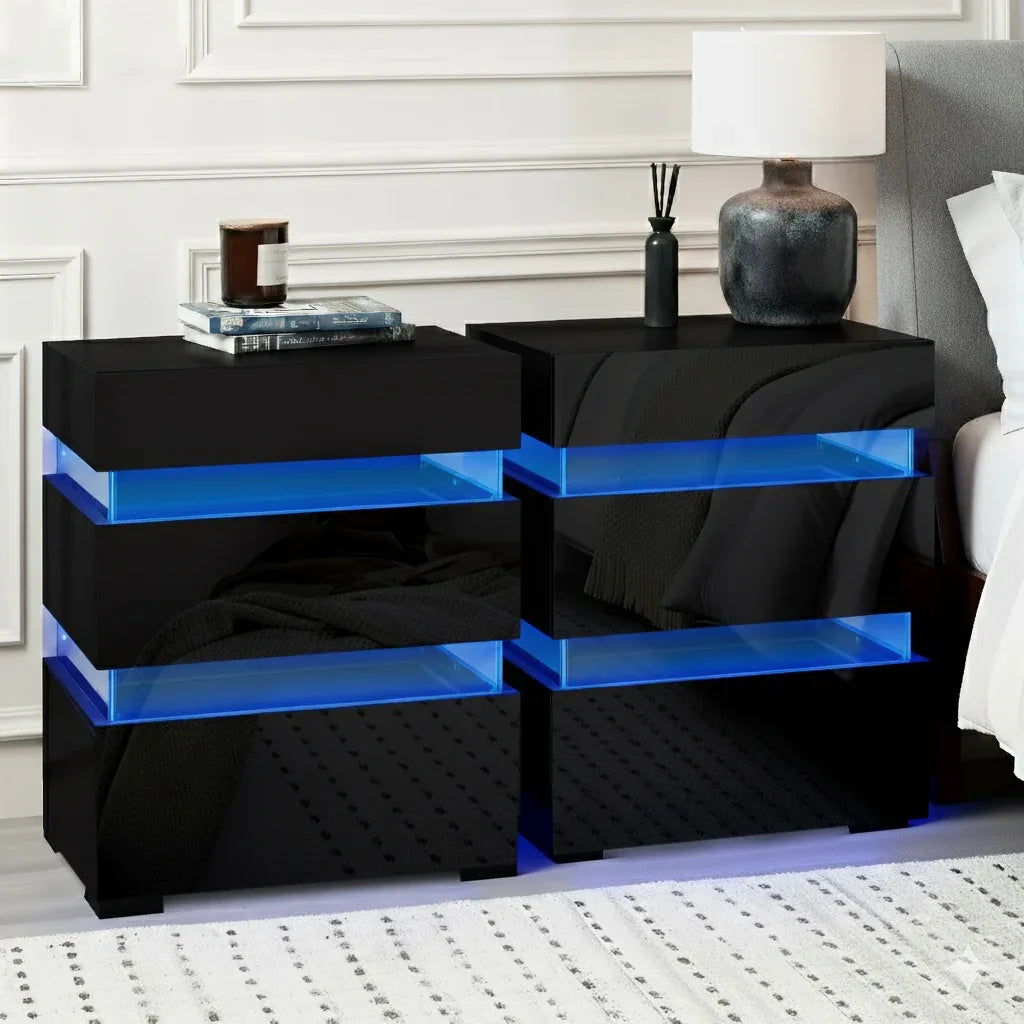 Artiss 2x Bedside Table LED 3 Drawers - LUMI Black - Mekamart Australia
