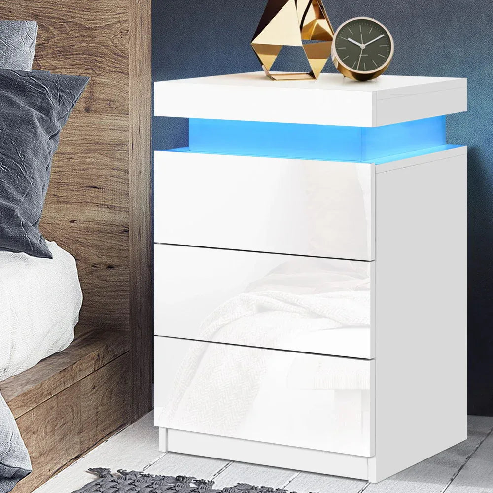 Artiss Bedside Table LED 3 Drawers - COLEY White - Mekamart Australia