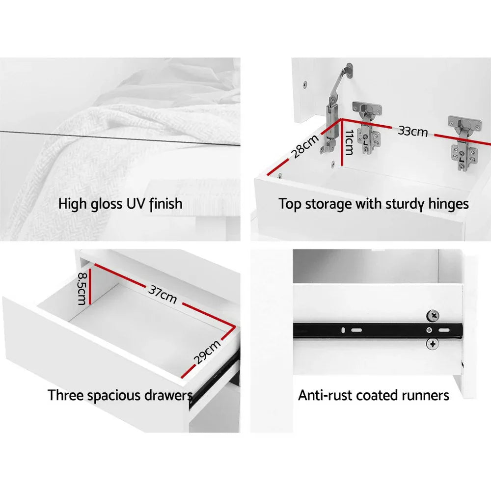 Artiss Bedside Table LED 3 Drawers - COLEY White - Mekamart Australia