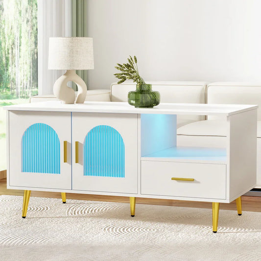 Artiss LED Coffee Table Shelf Drawer Storage White - Mekamart Australia