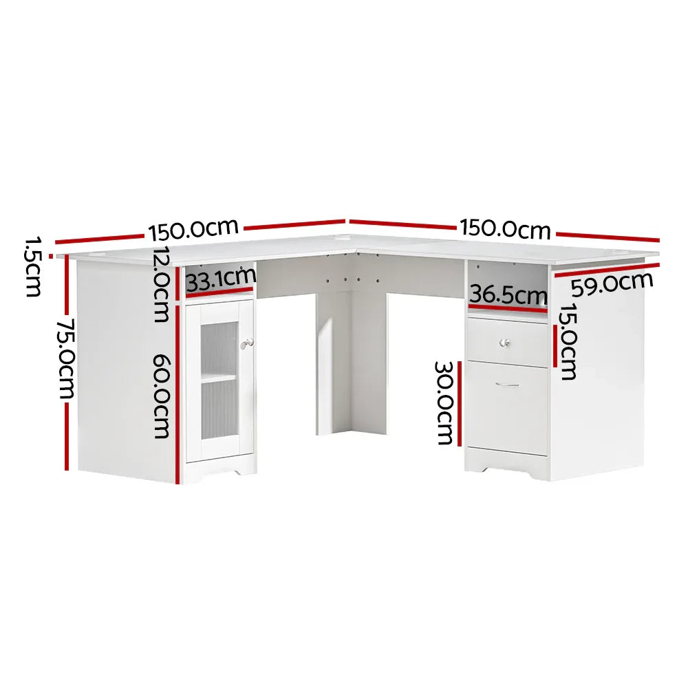 Artiss Computer Desk Shelf Cabinet L-Shape White 150CM - Mekamart Australia