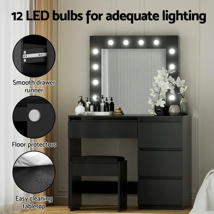 Artiss Dressing Table Set Stool 12 Led Bulbs Black - Mekamart Australia