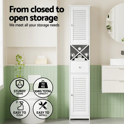 Artiss Bathroom Storage Cabinet 170cm Tall Slim Organiser Toilet Corner Adjustable Shelf Louver Door White - Mekamart Australia