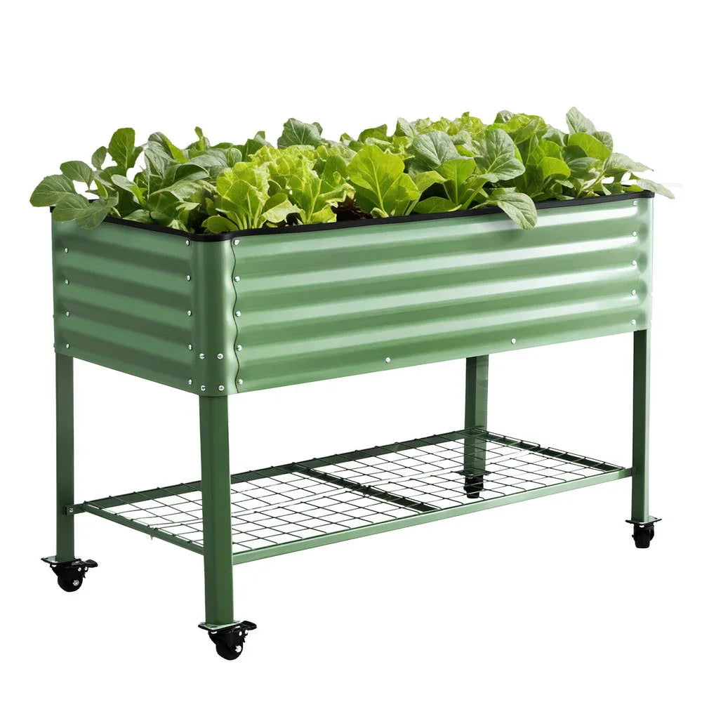 Green Fingers Elevated Raised Garden Bed Kit Mobile w/ Locking Wheels & Storage Shelf 100KG Max Load 115x60x81cm | Galvanized Steel, Portable Green Organizer for Seniors, Patio, Balcony, Vegetables - Mekamart Australia