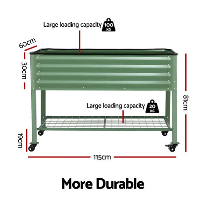 Green Fingers Elevated Raised Garden Bed Kit Mobile w/ Locking Wheels & Storage Shelf 100KG Max Load 115x60x81cm | Galvanized Steel, Portable Green Organizer for Seniors, Patio, Balcony, Vegetables - Mekamart Australia