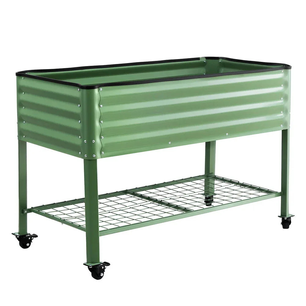 Green Fingers Elevated Raised Garden Bed Kit Mobile w/ Locking Wheels & Storage Shelf 100KG Max Load 115x60x81cm | Galvanized Steel, Portable Green Organizer for Seniors, Patio, Balcony, Vegetables - Mekamart Australia