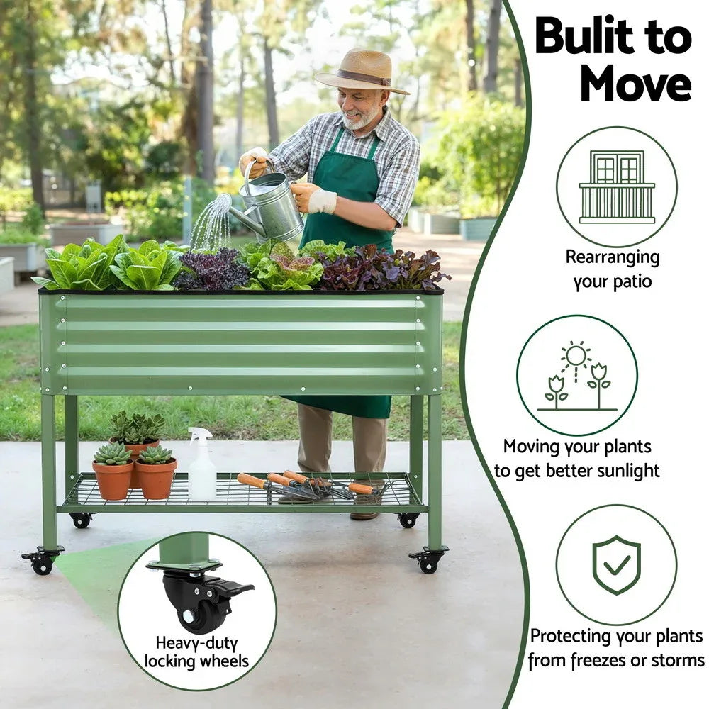 Green Fingers Elevated Raised Garden Bed Kit Mobile w/ Locking Wheels & Storage Shelf 100KG Max Load 115x60x81cm | Galvanized Steel, Portable Green Organizer for Seniors, Patio, Balcony, Vegetables - Mekamart Australia