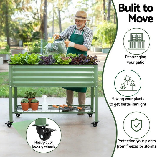 Green Fingers Elevated Raised Garden Bed Kit Mobile w/ Locking Wheels & Storage Shelf 100KG Max Load 115x60x81cm | Galvanized Steel, Portable Green Organizer for Seniors, Patio, Balcony, Vegetables - Mekamart Australia