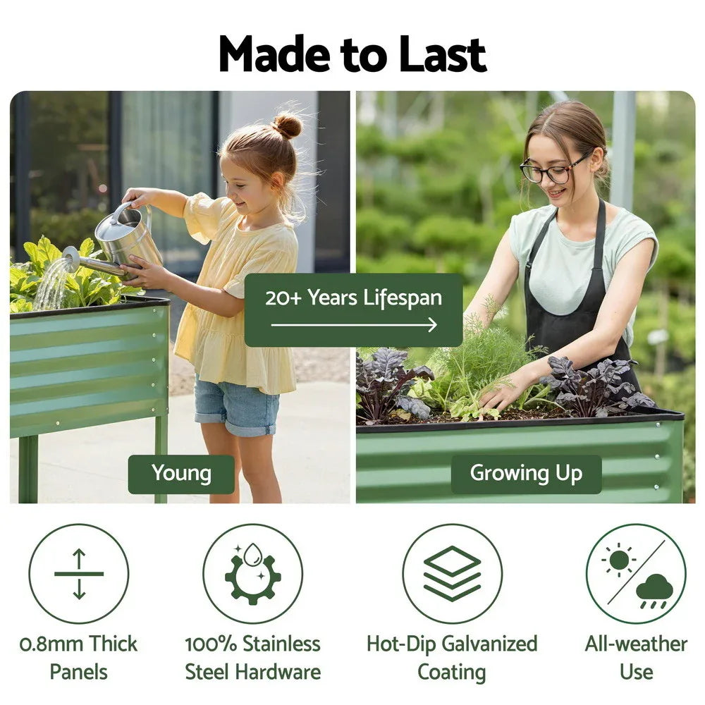 Green Fingers Elevated Raised Garden Bed Kit Mobile w/ Locking Wheels & Storage Shelf 100KG Max Load 115x60x81cm | Galvanized Steel, Portable Green Organizer for Seniors, Patio, Balcony, Vegetables - Mekamart Australia