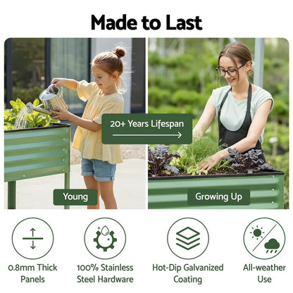 Green Fingers Elevated Raised Garden Bed Kit Mobile w/ Locking Wheels & Storage Shelf 100KG Max Load 115x60x81cm | Galvanized Steel, Portable Green Organizer for Seniors, Patio, Balcony, Vegetables - Mekamart Australia