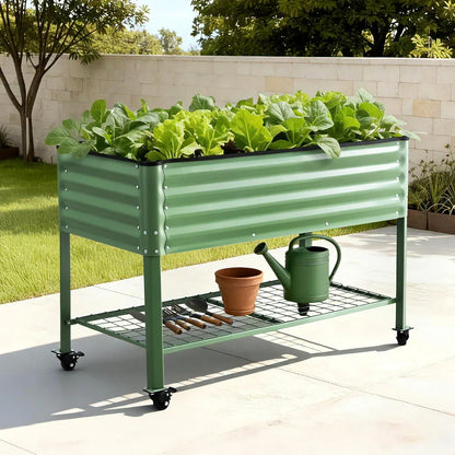 Green Fingers Elevated Raised Garden Bed Kit Mobile w/ Locking Wheels & Storage Shelf 100KG Max Load 115x60x81cm | Galvanized Steel, Portable Green Organizer for Seniors, Patio, Balcony, Vegetables - Mekamart Australia