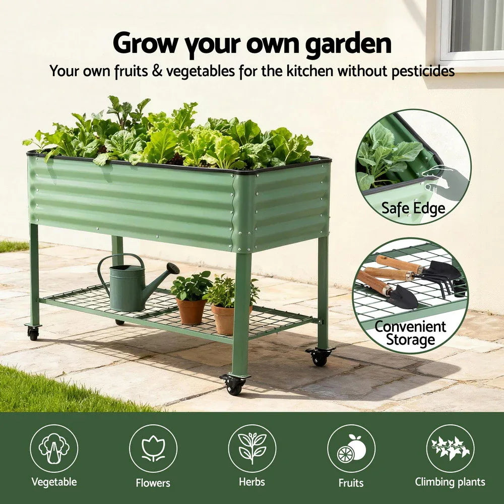 Green Fingers Elevated Raised Garden Bed Kit Mobile w/ Locking Wheels & Storage Shelf 100KG Max Load 115x60x81cm | Galvanized Steel, Portable Green Organizer for Seniors, Patio, Balcony, Vegetables - Mekamart Australia