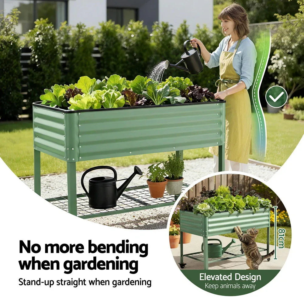 Green Fingers Elevated Raised Garden Bed Kit Mobile w/ Locking Wheels & Storage Shelf 100KG Max Load 115x60x81cm | Galvanized Steel, Portable Green Organizer for Seniors, Patio, Balcony, Vegetables - Mekamart Australia
