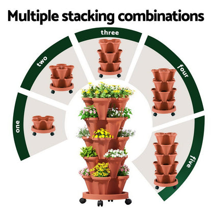 Green Fingers Raised Garden Bed 5 Tier Vertical Garden Brick Red Strawberry Stackable Planters Herbs Petunias