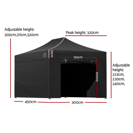 Instahut Gazebo Pop Up Marquee 3x4.5 Folding Tent Wedding Gazebos 500D Black