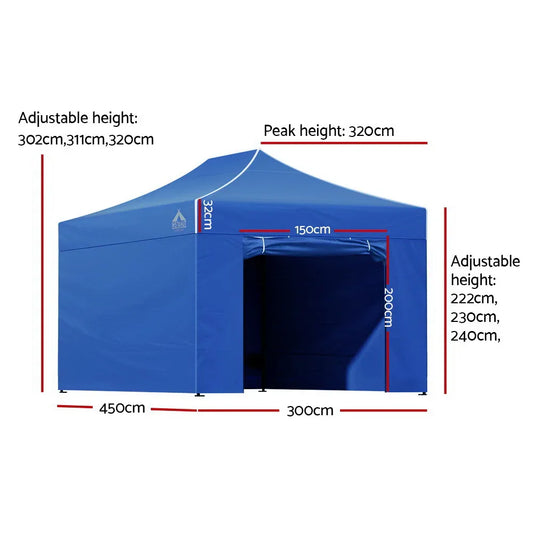 Instahut Gazebo 3x4.5 Pop Up Marquee Folding Tent Wedding Gazebos Camping Outdoor Shade Canopy Blue - Mekamart Australia