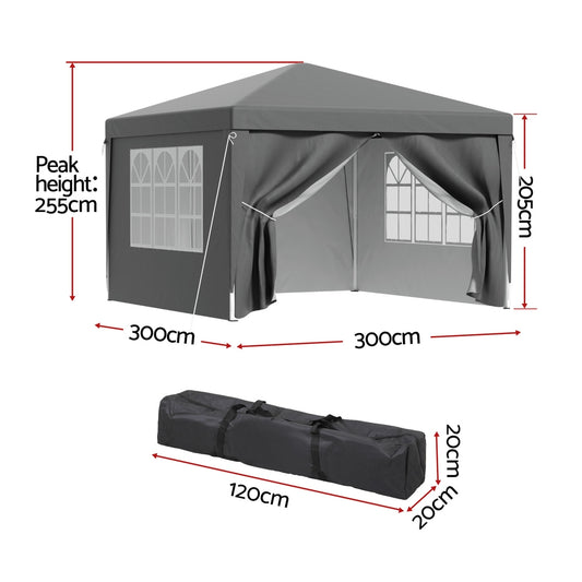 Instahut Gazebo 3x3 Pop Up Marquee Folding Tent Wedding Gazebos Camping Outdoor Shade Canopy Gray