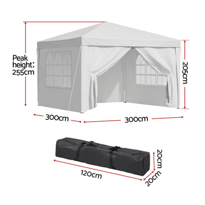 Instahut Gazebo 3x3 Pop Up Marquee Folding Tent Wedding Gazebos Camping Outdoor Canopy White