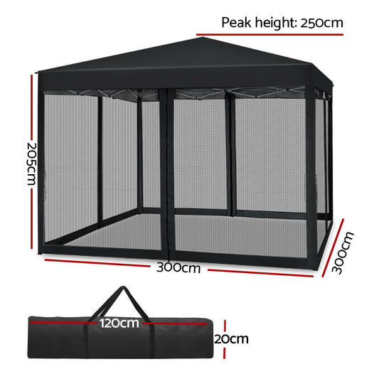 Instahut Gazebo Pop Up Marquee 3x3m Wedding Party Outdoor Camping Tent Canopy Shade Mesh Wall Black