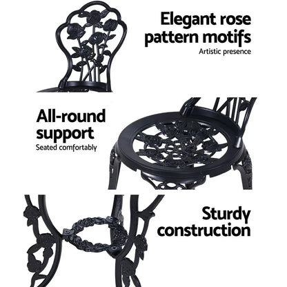 Gardeon 3PC Outdoor Setting Bistro Set Chairs Table Cast Aluminum Rose Black