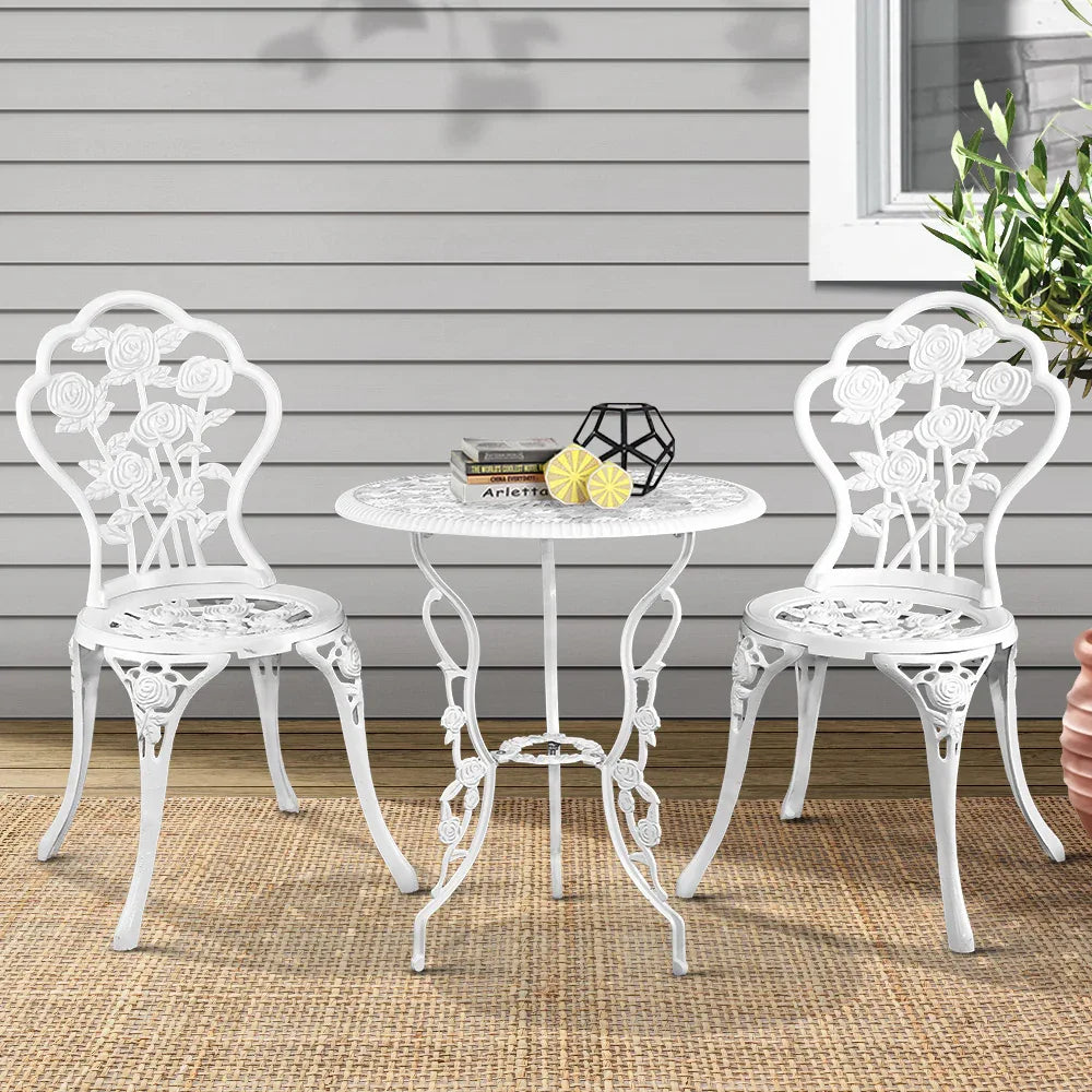 Gardeon 3PC Outdoor Setting Bistro Set Chairs Table Cast Aluminum Patio Furniture Rose White