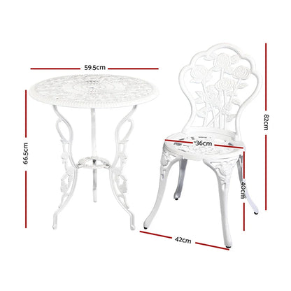 Gardeon 3PC Outdoor Setting Bistro Set Chairs Table Cast Aluminum Patio Furniture Rose White