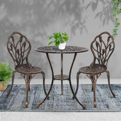 Gardeon 3PC Outdoor Setting Bistro Set Chairs Table Cast Aluminum Patio Furniture Tulip Bronze