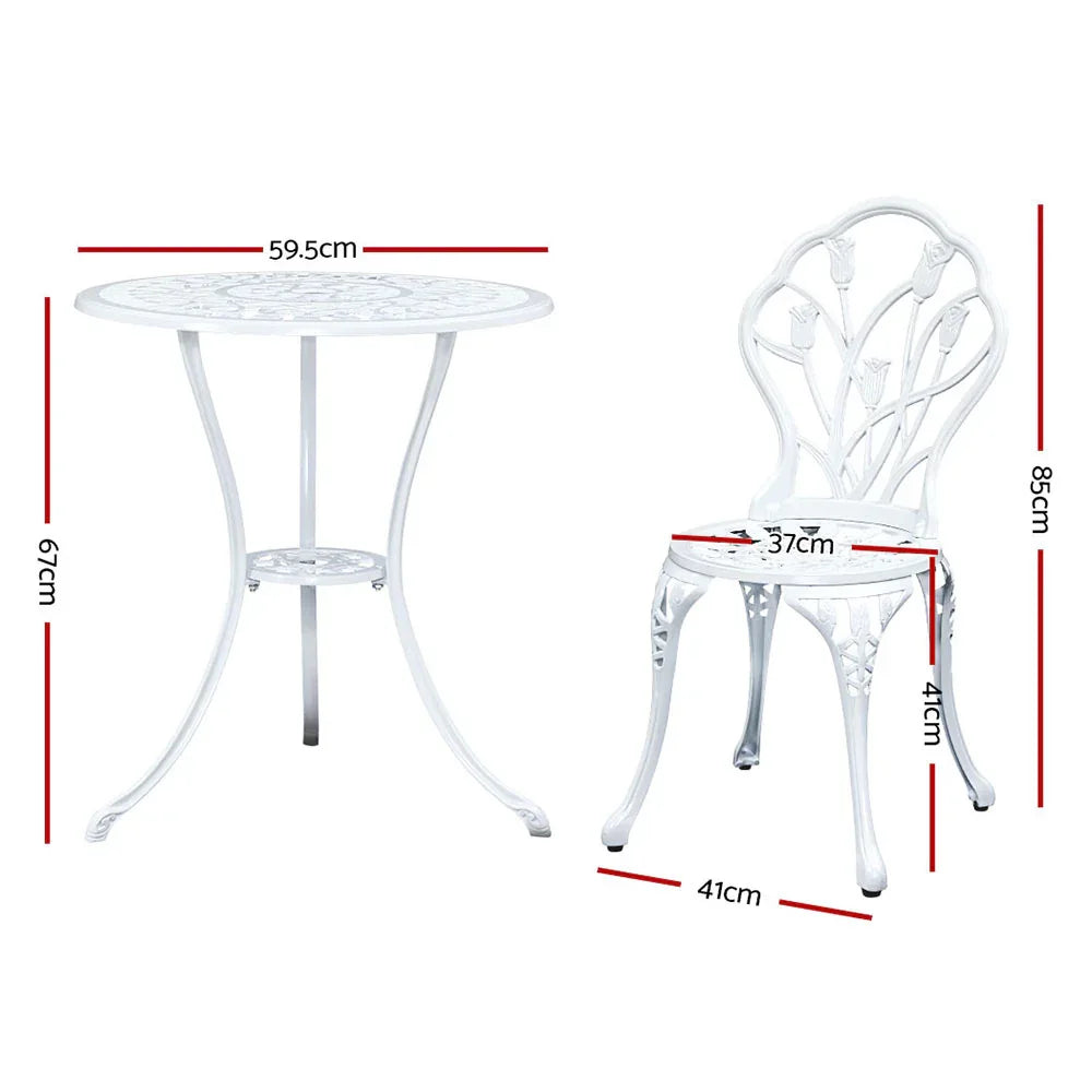 Gardeon 3PC Outdoor Setting Bistro Set Chairs Table Cast Aluminum Patio Furniture Tulip White