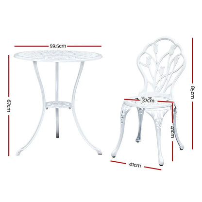 Gardeon 3PC Outdoor Setting Bistro Set Chairs Table Cast Aluminum Patio Furniture Tulip White