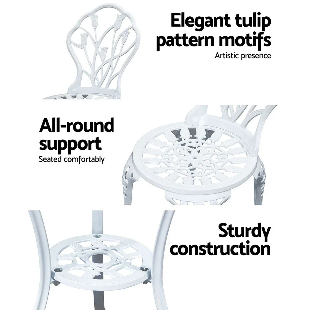 Gardeon 3PC Outdoor Setting Bistro Set Chairs Table Cast Aluminum Patio Furniture Tulip White