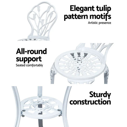 Gardeon 3PC Outdoor Setting Bistro Set Chairs Table Cast Aluminum Patio Furniture Tulip White