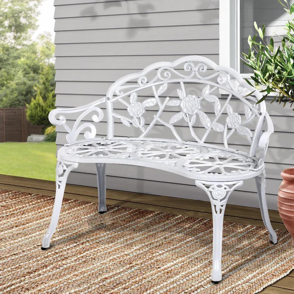 Gardeon Outdoor Garden Bench Seat 100cm Cast Aluminium Outdoor Patio Chair Vintage White - Mekamart Australia