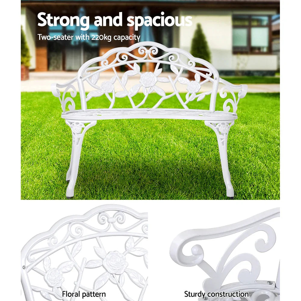 Gardeon Outdoor Garden Bench Seat 100cm Cast Aluminium Outdoor Patio Chair Vintage White - Mekamart Australia