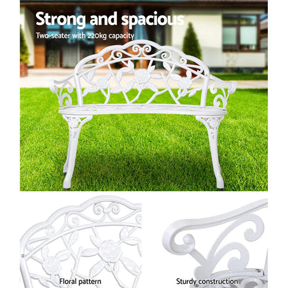Gardeon Outdoor Garden Bench Seat 100cm Cast Aluminium Outdoor Patio Chair Vintage White - Mekamart Australia