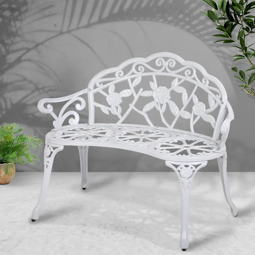 Gardeon Outdoor Garden Bench Seat 100cm Cast Aluminium Outdoor Patio Chair Vintage White - Mekamart Australia