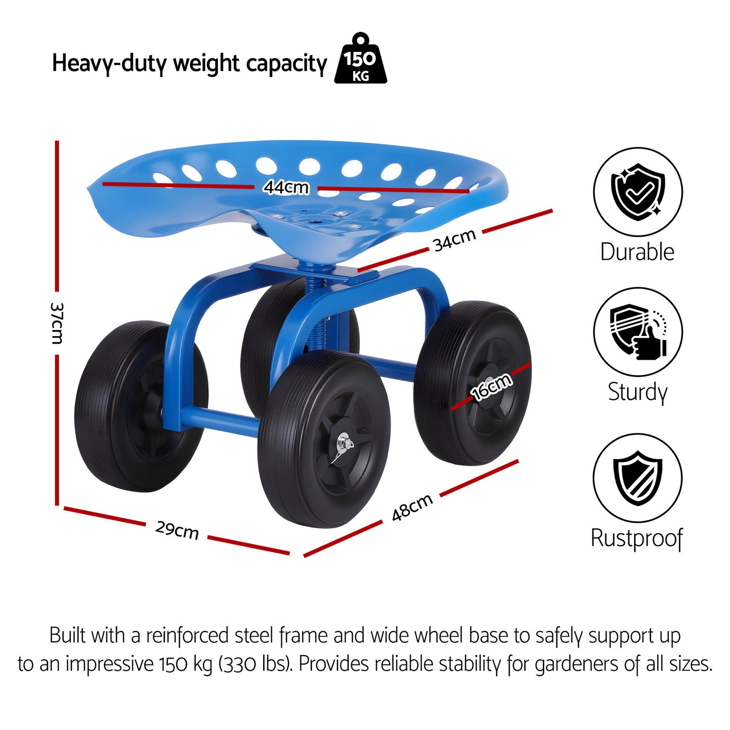 Gardeon Garden Seat 360 Swivel Rolling Adjustable Height Work Scooter Cart Wheels Heavy Duty 150kg