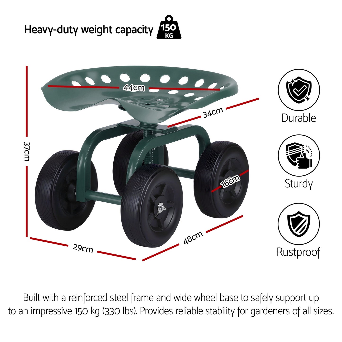Gardeon Garden Seat 360 Swivel Rolling Adjustable Height Work Scooter Cart Wheels Heavy Duty 150kg